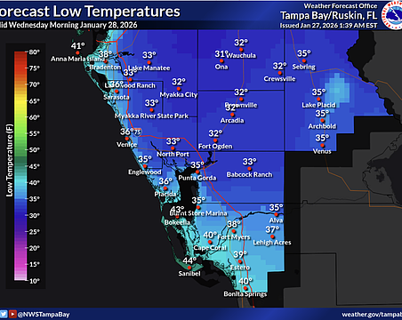 Below-freezing weather expected in inland Manatee, Sarasota