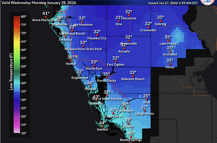 Below-freezing weather expected in inland Manatee, Sarasota