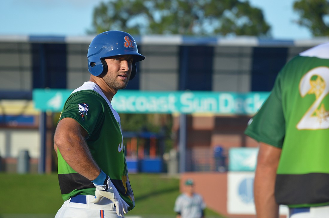 Tim Tebow prepares to take his lead from third base after a second inning RBI triple during the St. Lucie Mets vs. Daytona Tortugas game on Friday night.