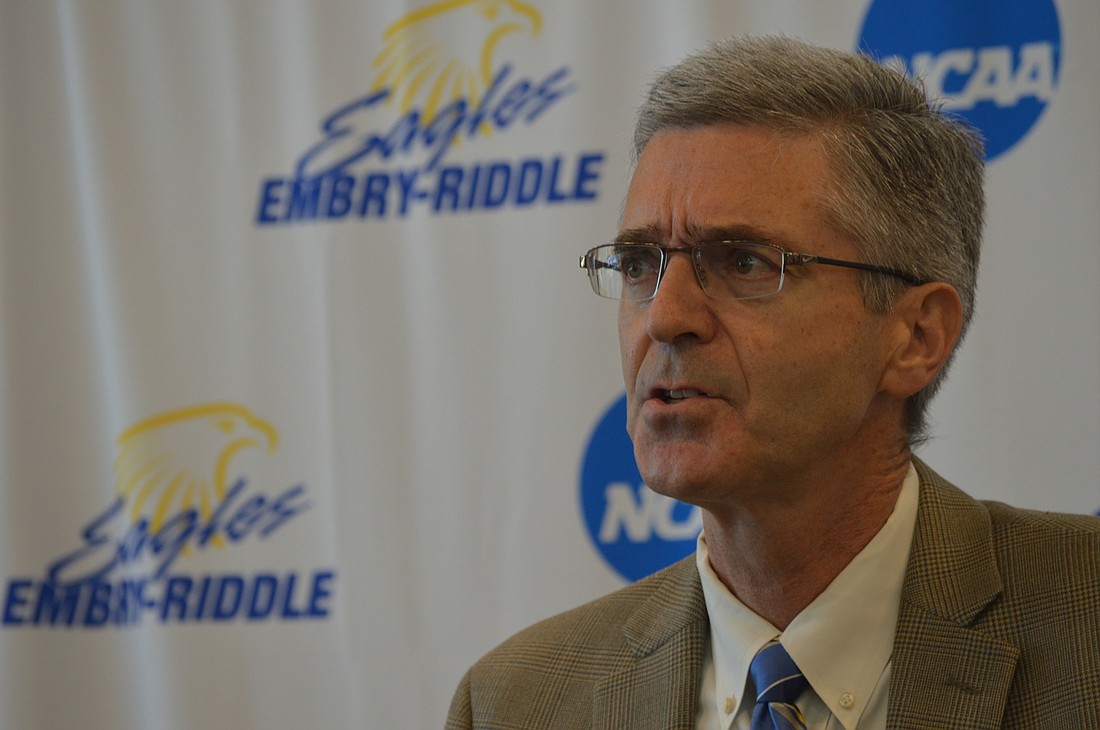 Embry-Riddle President Dr. P. Barry Butler speaks at a press conference to announce ERAU's membership into the NCAA.