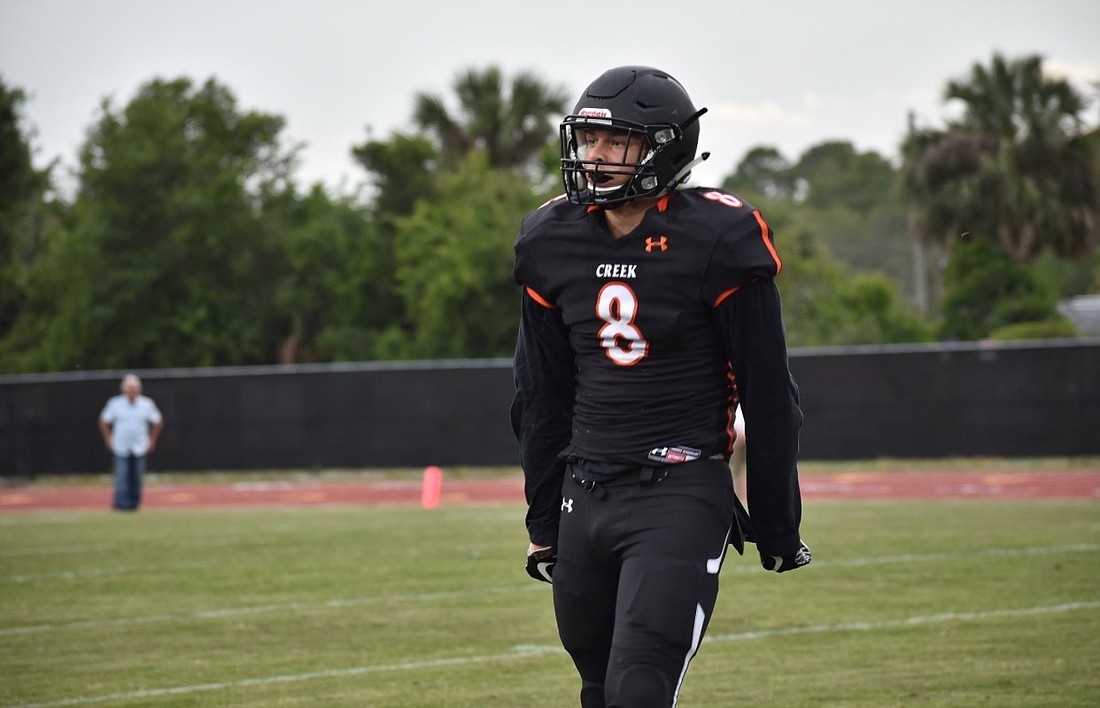 FHSAA fall practice started on Monday for all Florida High School football teams. Linebacker Ty Berrong looks to be a feature player for Spruce Creek this season. Photo by Emilee McKenny