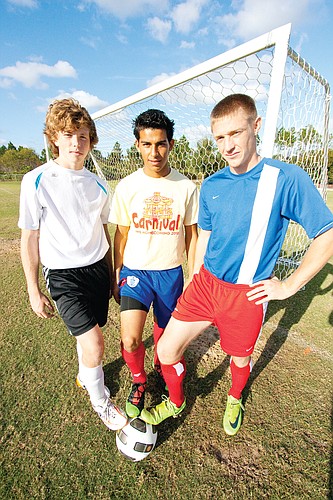 Captains T.J. Von Diezelski, Javier Reyes and Justin Watts have held on-the-side conditioning sessions to help the Pirates soccer team stay in shape and gel as a team. PHOTOS BY SHANNA FORTIER