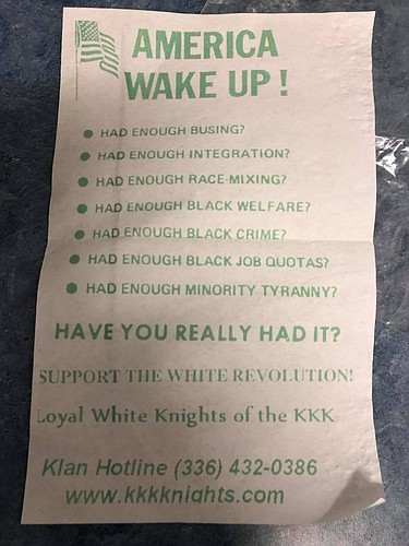 The KKK flyer Jane Sciortino found outside her house. Photo courtesy of JaneÂ Sciortino