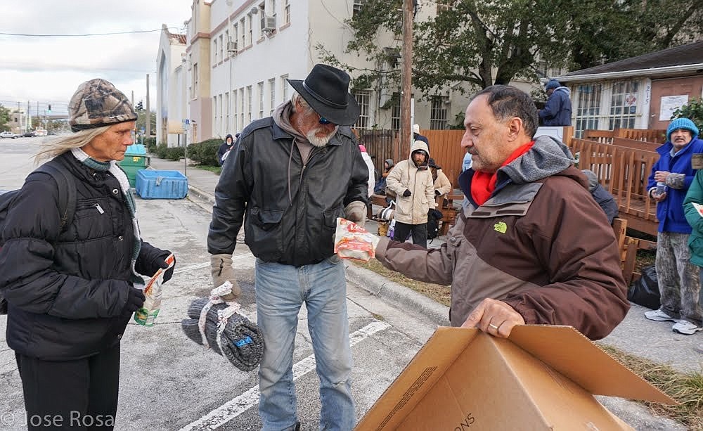 VFW Commander Joe Rosa distributes items to the homeless in Volusia County. Photo courtesy of Joe Rosa