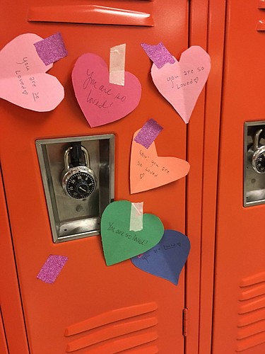 Hearts with positive notes lines lockers at Spruce Creek High. Photo courtesy of Melanie Porreco Turngren