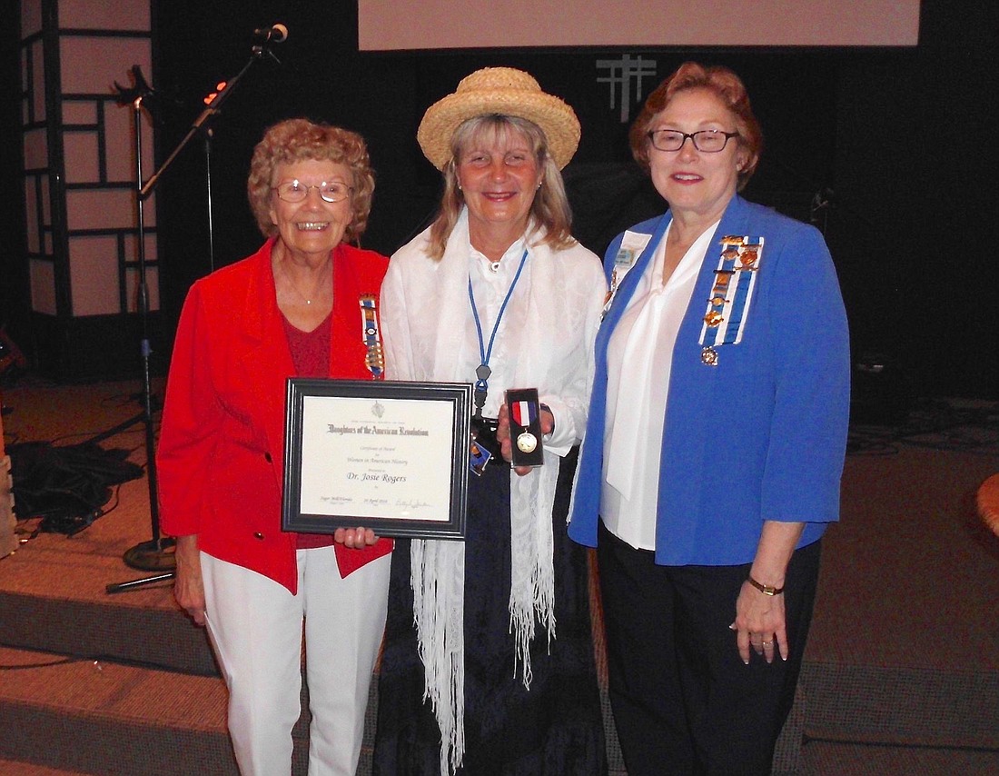 Kitty Consalvo, Carol Jerson and Betty Stecker, Regent. Carol Jerson is a volunteer at the Ponce inlet lighthouse where she portrays Dr Josie Rogers. Photo courtesy of Sugar Mill DAR