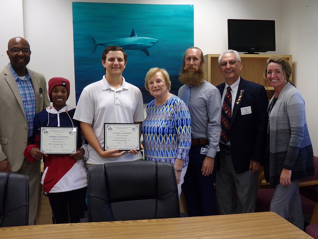 PrincipalÂ Stephen Hinson, Sha Kawanza Brown,Â Michael Navarra, Teacher on AssignmentÂ Louise Lauthain, BrianÂ Eschen,Â Paul LeonardÂ and Assistant Principal,Â Dawn Alves. Photo courtesy of the Elks Lodge