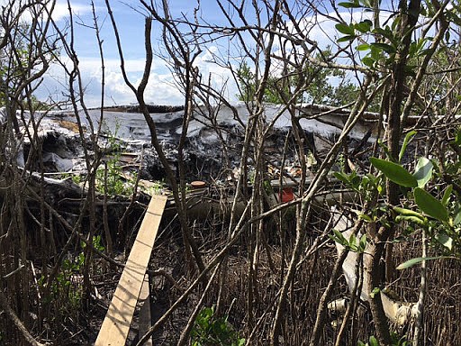 Port Orange applied for two grants to remove a boat that was destroyed in a fire. The boat is nestled in the mangroves on the north side of Port Orange Causeway Park. Image from City Council Agenda.