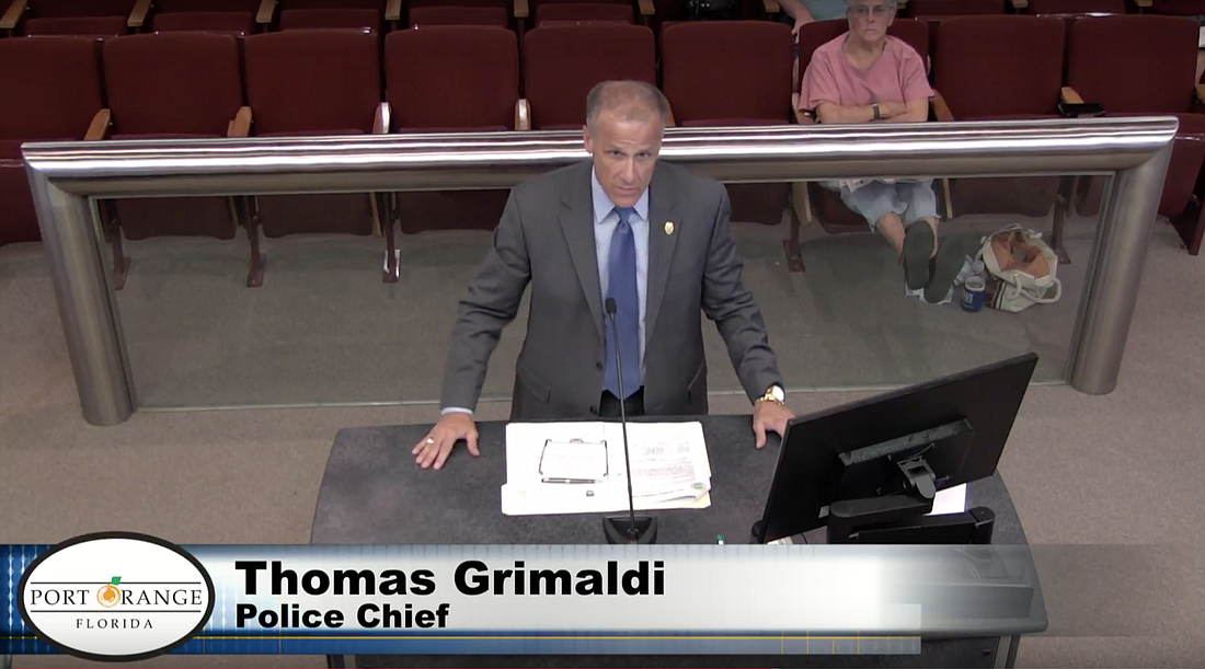 Port Orange Police Chief Thomas Grimaldi explains the shopping cart ordinance at a City Council meeting.