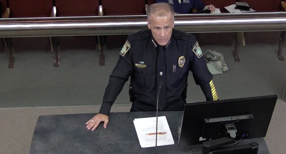 Port Orange Police Chief Thomas Grimaldi updates the Port Orange City Council on Oct. 2 about the investigation into Capt. Kimberly Kilpatrick. Photo from Port Orange City Council meeting