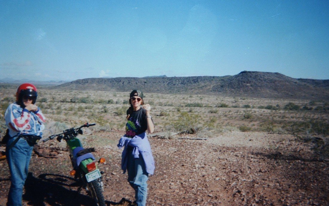 Mary-Ann Westbrook prepares to explore the desert on dirt bikes with someone she met on the trip, Eunice Ditterline.