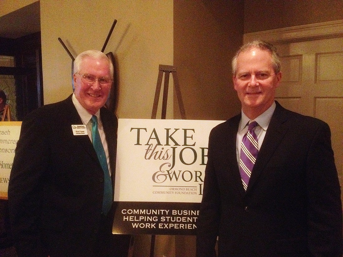 Rick Fraser, executive director of the Ormond Beach Chamber of Commerce, and Dwight Selby, of Selby Realty, promoted a new project at the Chamber annual banquet that aims to help students find summer jobs.Wayne Grant