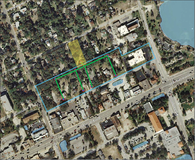 The dotted line shows the storm water project area, the shaded area shows the future park on Lincoln Avenue and the green lines show planned storm water pipes.
