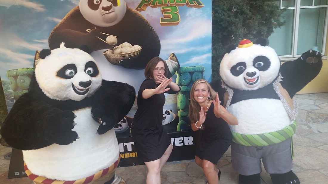 The theme of the cake competition was based on the new movie, Kung Fu Panda 3, and Liz Huber, right, and her manager, Nicole Homsey, attended a movie-themed party.