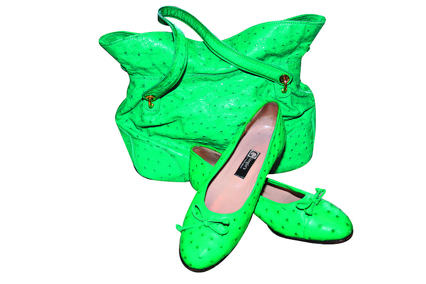 GIORGIO'S HANDBAG AND SHOES
'This turquoise ostrich handbag and pair of flats is very unusual, and you definitely have to be confident to wear them. I love the detailing on the handbag.'