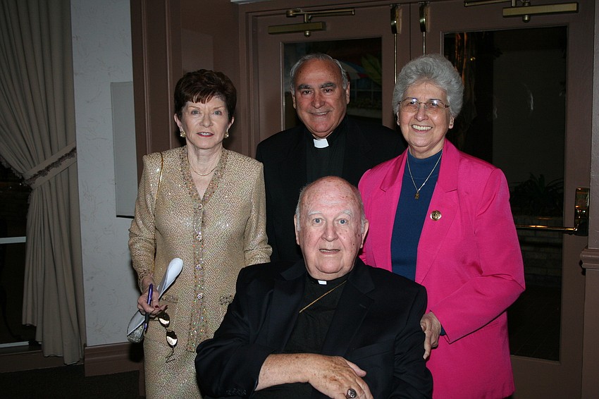 Kathy Schersten, honoree Bishop Emeritus John Nevins, Father Celestino Gutierrez and Sister Carmella Decosty
