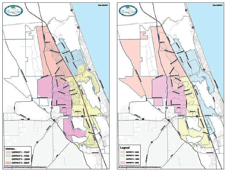 The image to the left shows the current zones, with Grand Haven in District 3. On the right, the blue District 2 is expanded to cover Grand Haven.