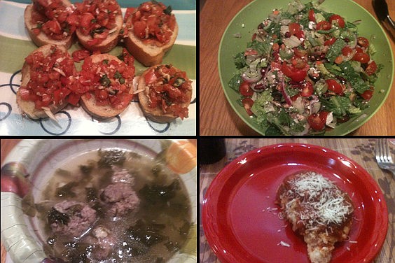 Bruschetta, salad, Italian wedding soup, and chicken Parmesan were four courses at our progressive dinner.