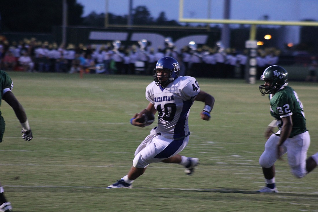 Matanzas running back Shawn White was a huge factor Friday night as the Pirates defeated Florida Air Academy for the first win of the season.