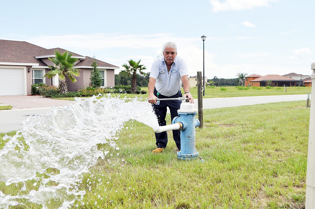 Gene McAdams, water quality lead technician for the city of Palm Coast, flushes a hydrant in Tuscana, in Hidden Lakes. Because there are many empty lots there, water usage is low in the area, McAdams said. PHOTO BY SHANNA FORTIER