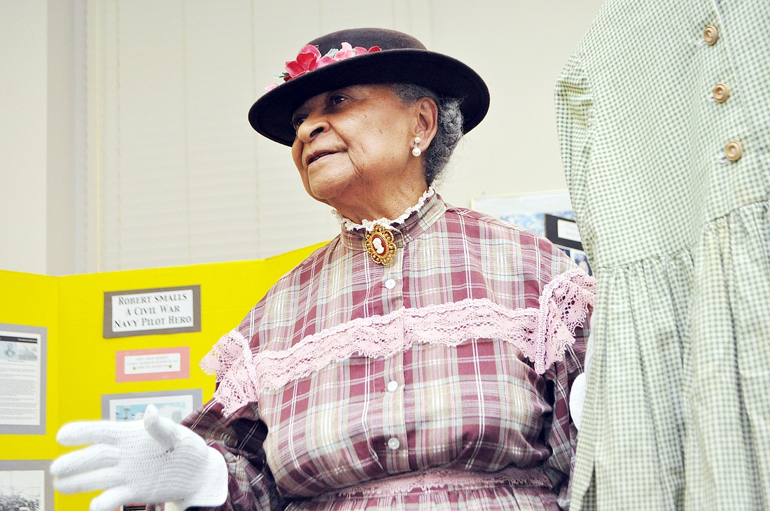 Mary L. Jackson Fears is dressed as a free woman in the Civil War period, as she displays her research at the Sept. 22 meeting of the Genealogy Society, at the Flagler County Public Library.