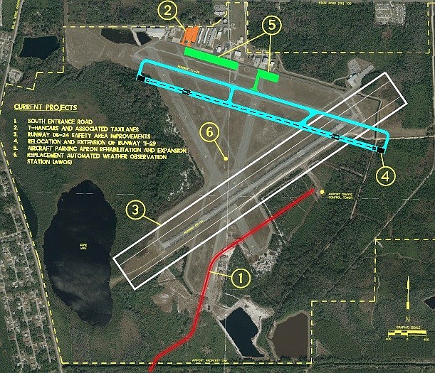 Provided by Director Roy Seiger, an aerial view of the Flagler County Airport shows where all planned improvements will occur.