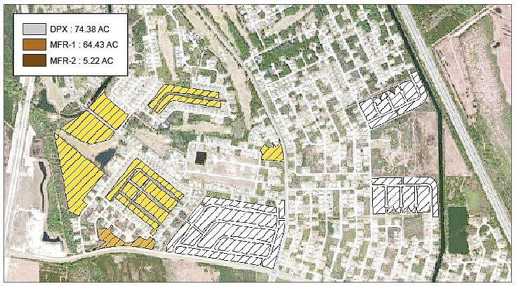 The yellow parcels represent areas that could be developed in the L-section. COURTESY RENDERING