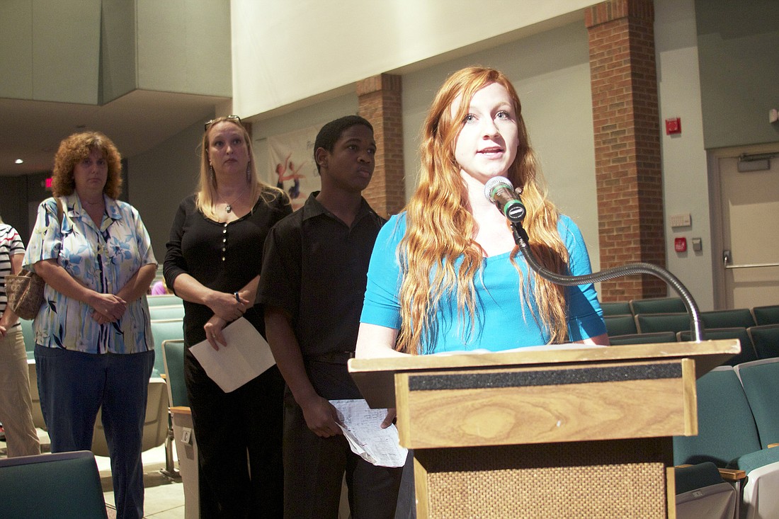 Lindsay Brendel, FPCÃ¢â‚¬â„¢s junior class president, spoke at the Nov. 15 town hall meeting. PHOTOS BY BRIAN MCMILLAN