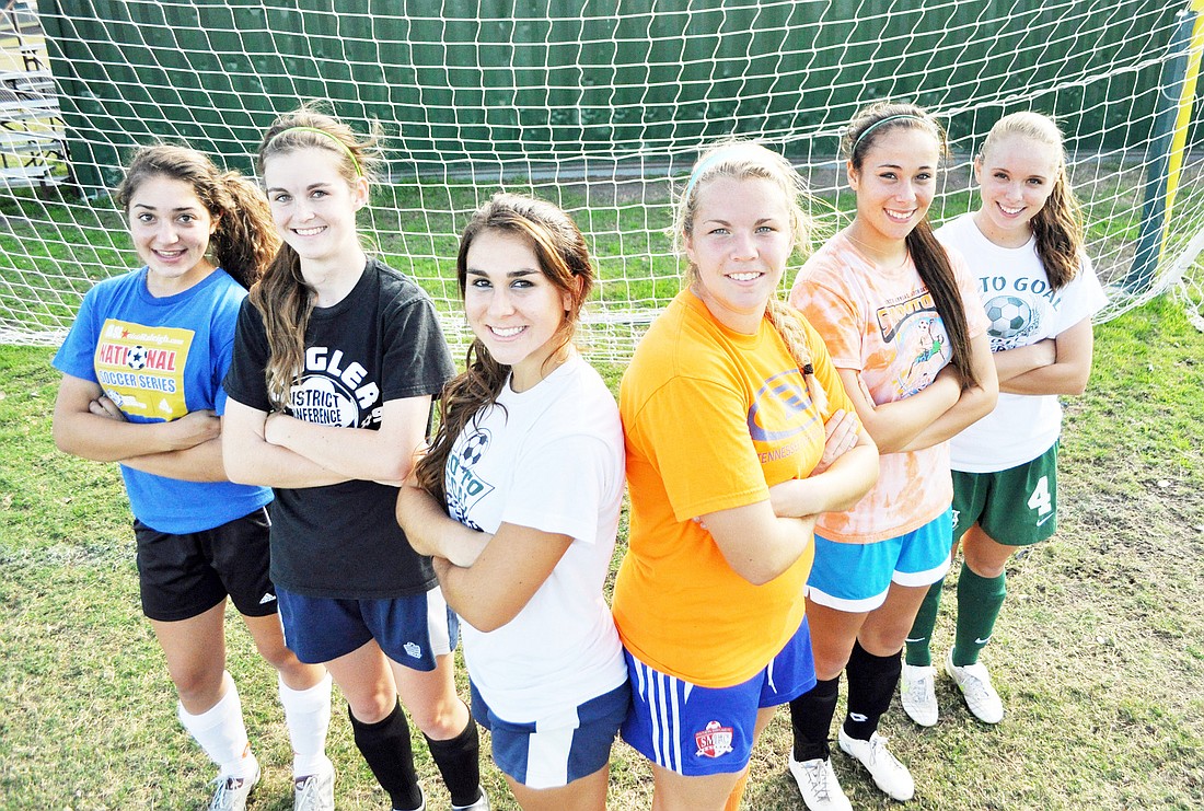 The heart of the Flagler Palm Coast Lady Bulldogs soccer team, from left: Victoria Martins, Allyson Smith, Miranda Campbell, Haley Lademann, Sam Salvatore and Brooke Landry. PHOTO BY SHANNA FORTIER