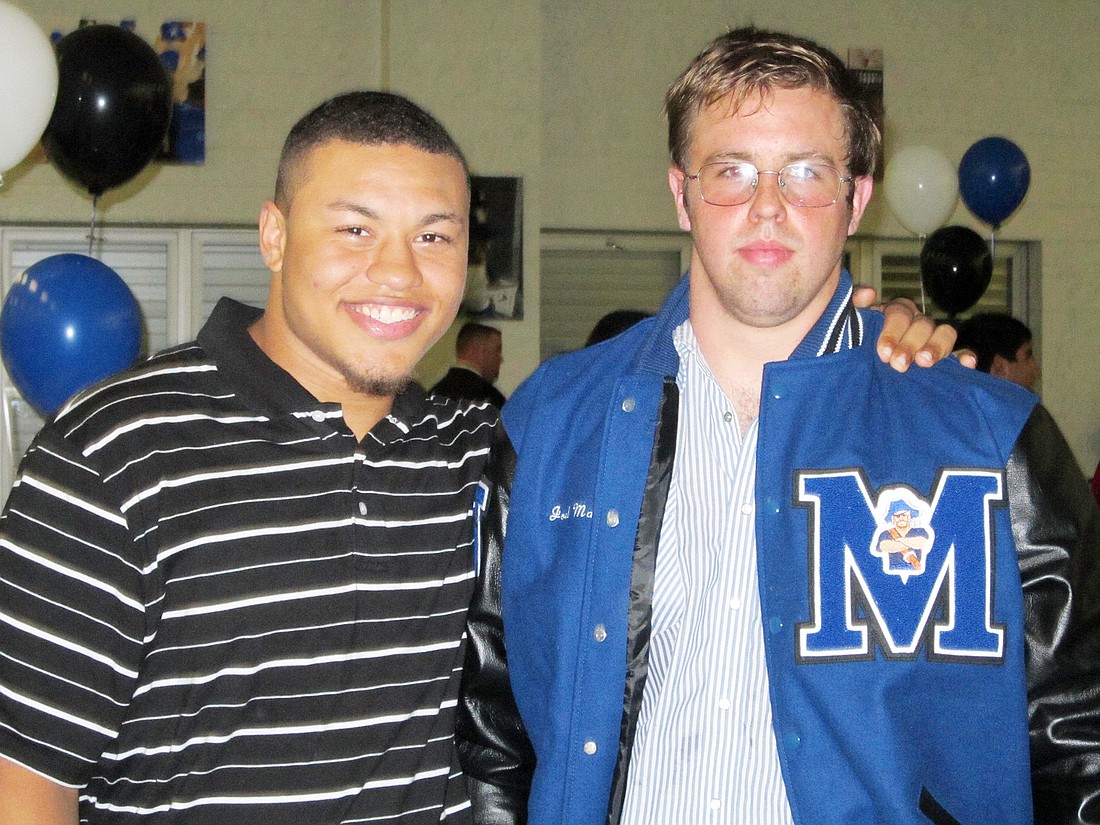 Matanzas seniors Shawn White (left) and Joel Manning. White was named the Pirates Most Valuable Player for the season, and Manning was named the Pirates Defensive Player of the Year. COURTESY PHOTO