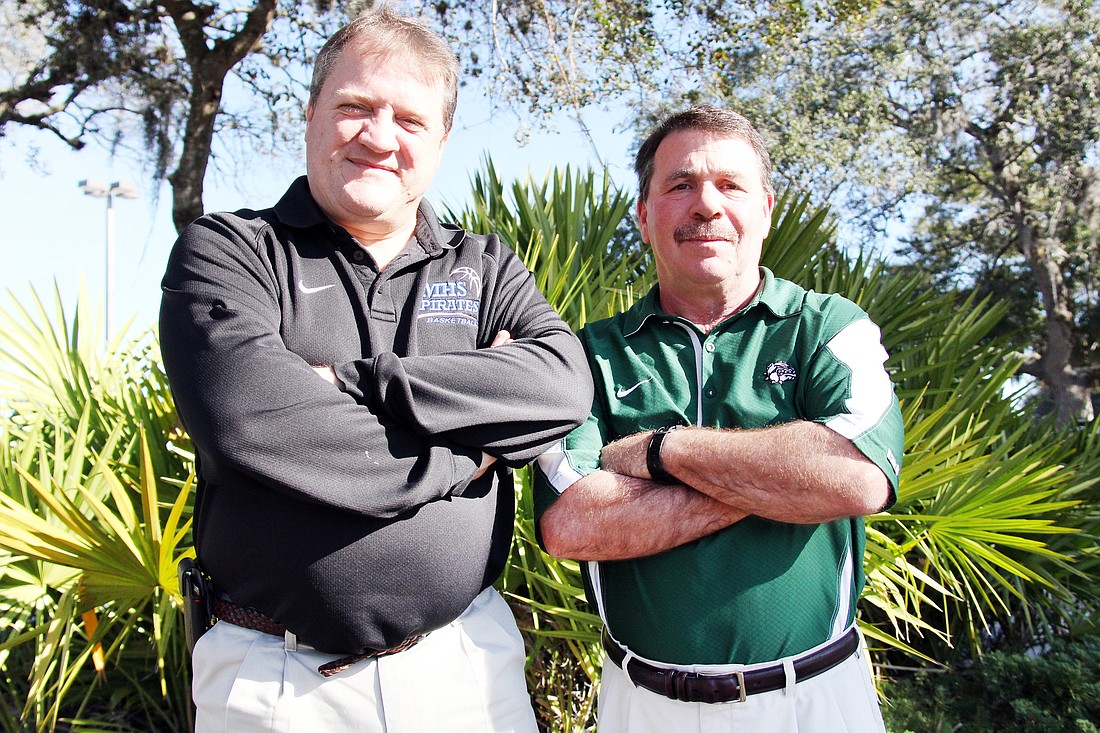 Ken Seybold (left), of Matanzas, and Steve DeAugustino, of FPC, oversee about 1,050 student-athletes at FlaglerÃ¢â‚¬â„¢s two high schools.