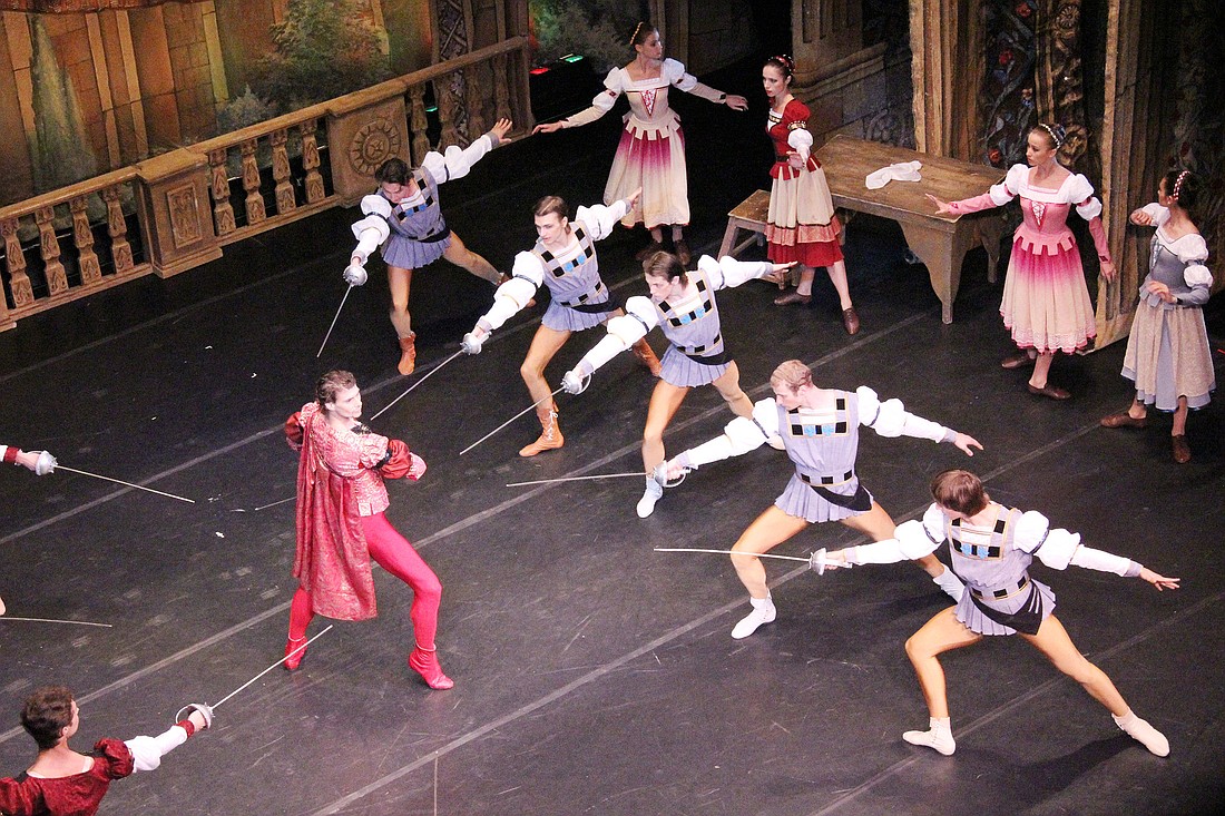 Tybalt Capulet, center, danced by Alexander Lityagin, raises tension when he joins in a feud between the Montagues and Capulets in the first scene of the ballet.