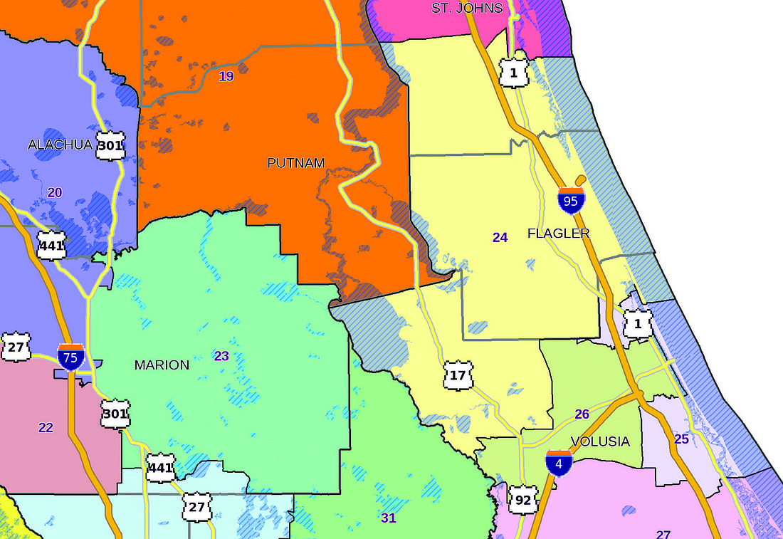 In the new proposal, Flagler County, with a population of 95,696, would own 60.61% of Florida House District 24.