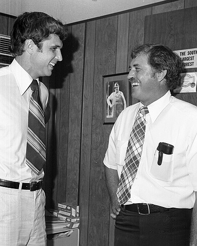 Then-Florida Secretary of State Bruce Smathers visited Flagler County and Lewis Wadsworth in 1978. COURTESY PHOTO
