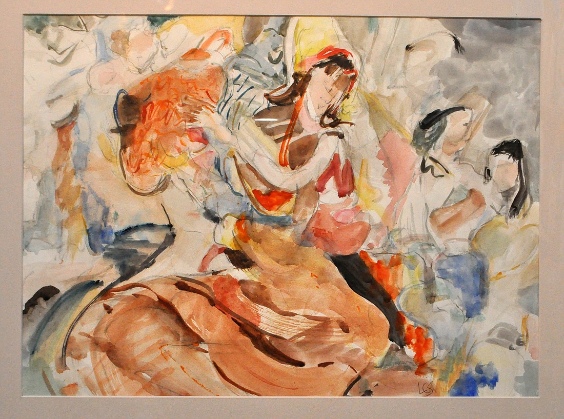 Linda Solomon's "Tambourine Contessa" is a watercolor that is currently hanging in Hollingsworth Gallery.