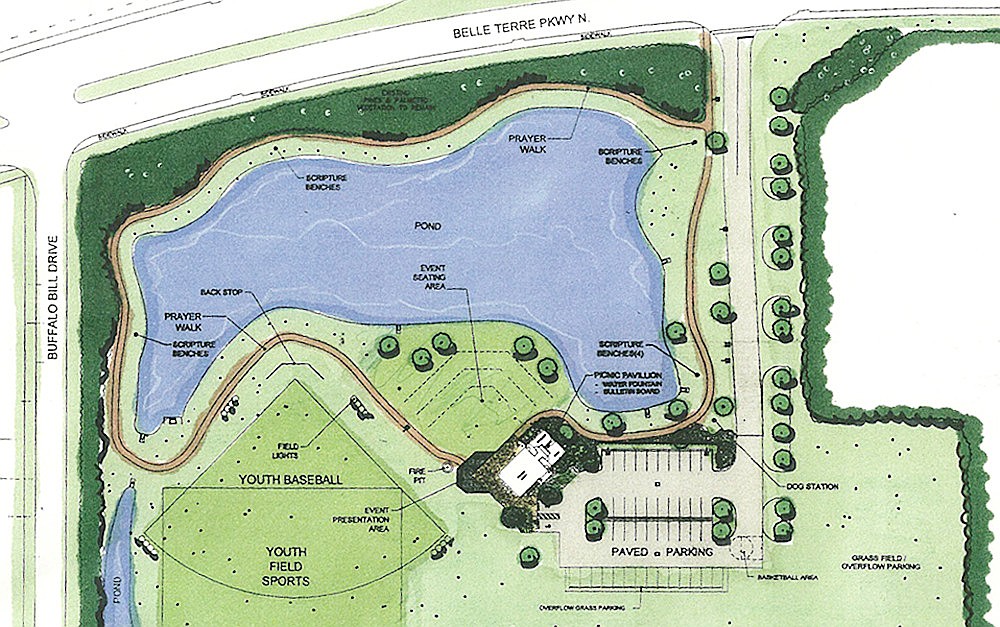 Phase 1 includes a multipurpose field and hard structure, a pond, sewage, water and electrical lines and paved and grass parking.