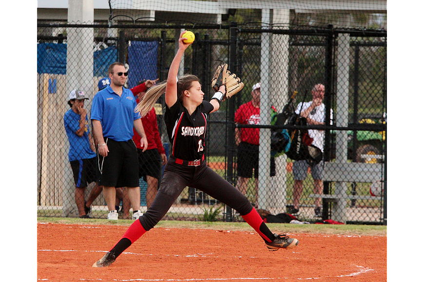 Marlana Sutton struck out nine batters to help Seabreeze shut out Mainland at their fields in February (Photo by Jeff Dawsey).