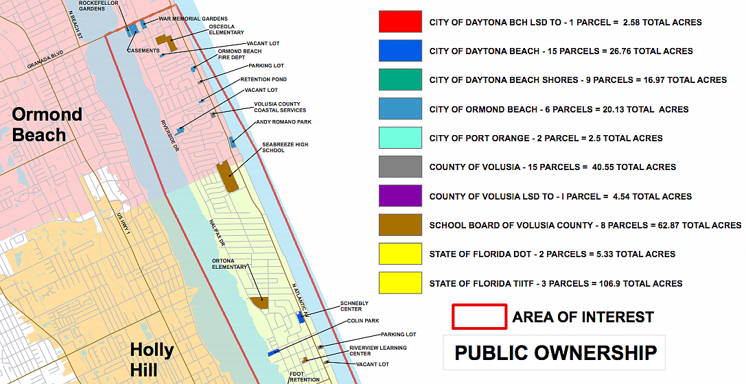 Map showing public ownership in the beachside redevelopment focus area. Courtesy of Beachside Redevelopment Committee.