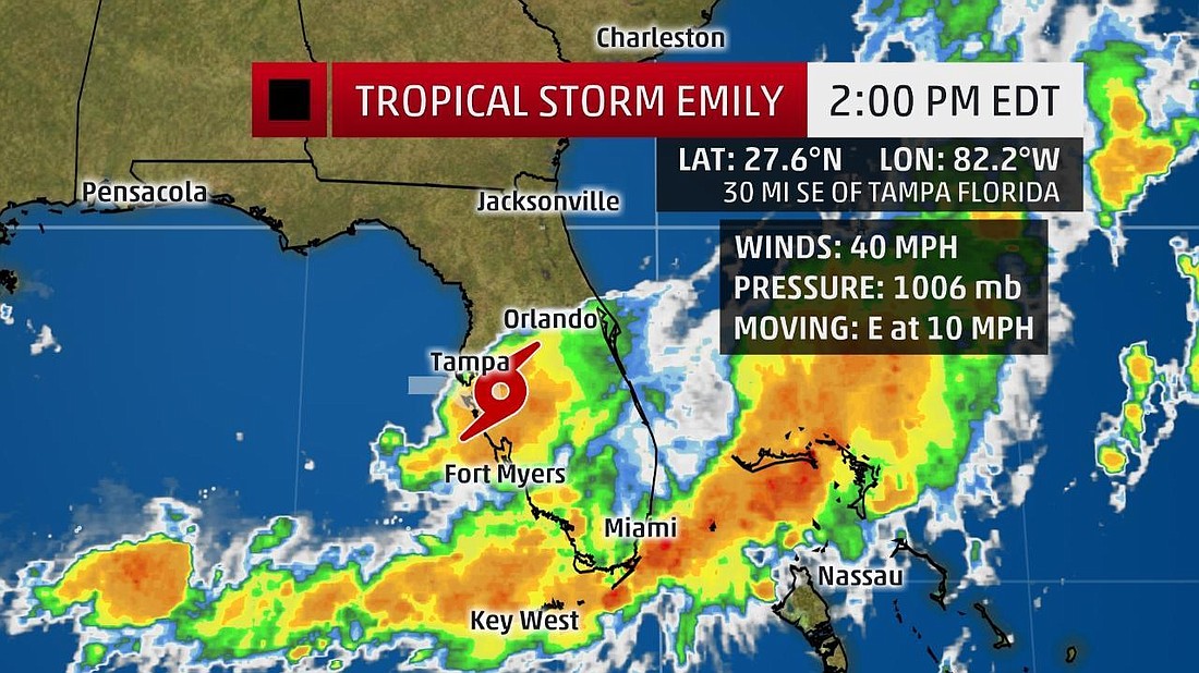 Tropical Storm Emily made landfall Monday morning in the Tampa area. Photo courtesy of the Weather Channel.