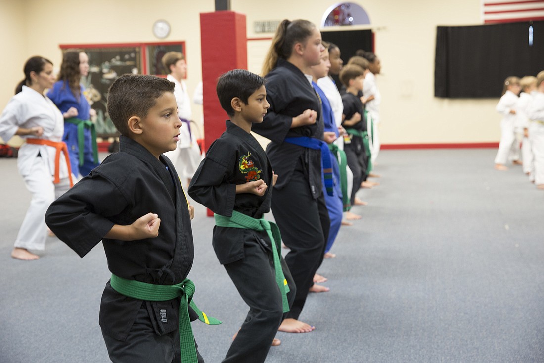 Green-belt karate students participate in a class in Villari's Martial Arts School. Photo courtesy Villari's Martial Arts School.