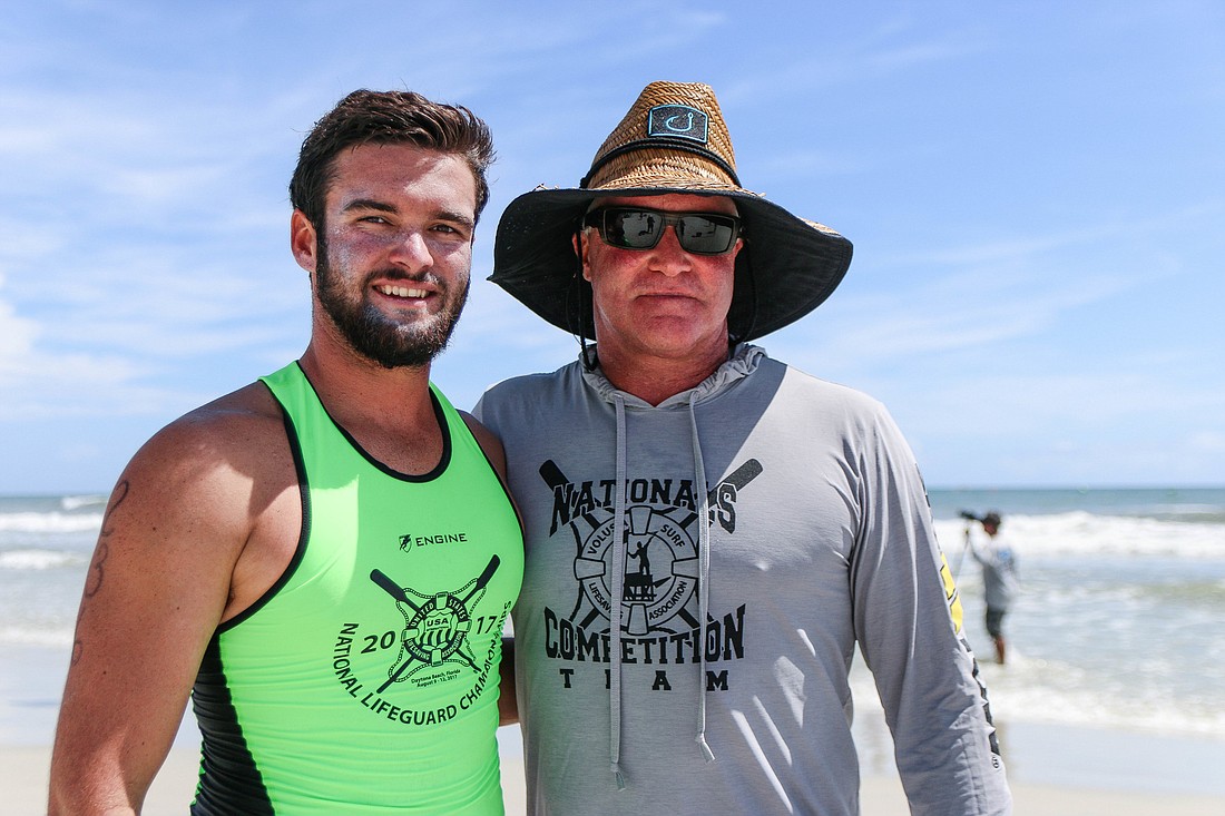 Clayton DuBrule and his father, Tom DuBrule, at the 2017 National Lifeguard Championships. Photo by Paige Wilson