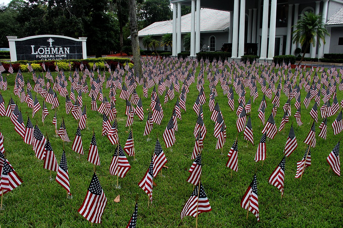 The American Flag display in front of Lohman's Funeral Home on Granada Boulevard is in remebrance of victims of 9/11.
