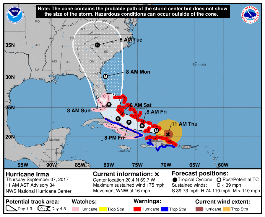 Hurricane Irma could reach South Florida as early as Sunday morning. Graph courtesy of the National Hurricane Center.