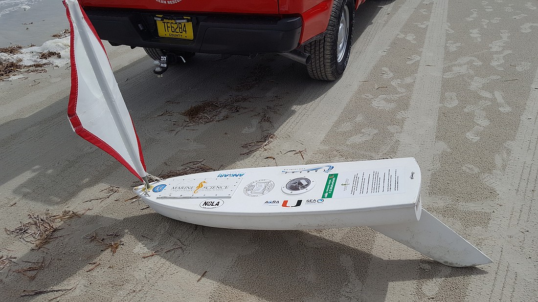 The Kestrel, a miniature research vessel launched by the Saint Stephen's Episcopal School, washed ashore in Ormond Beach on Sunday, Oct. 1. Photo courtesy of Volusia County Beach Safety