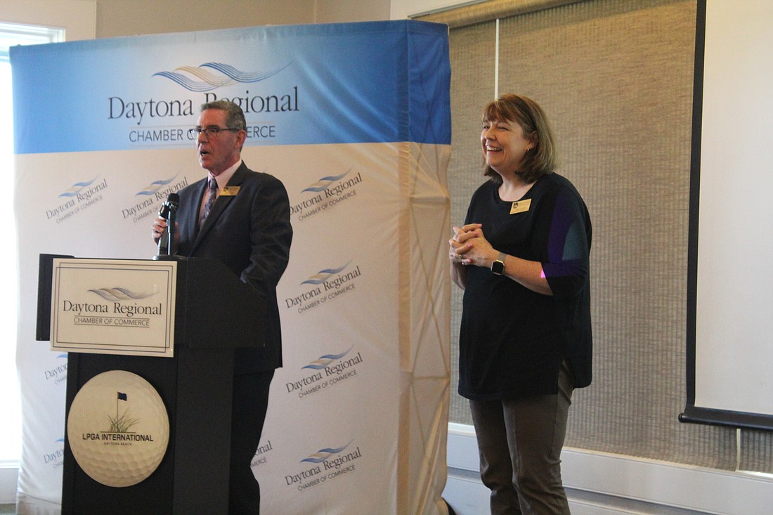 Volusia Schools Superintendent Tom Russell speaks beside Volusia School Board Chair Melody Johnson during the Nov. 8 Eggs and Issues program by the Daytona Regional Chamber of Commerce. Photo by Jarleene Almenas