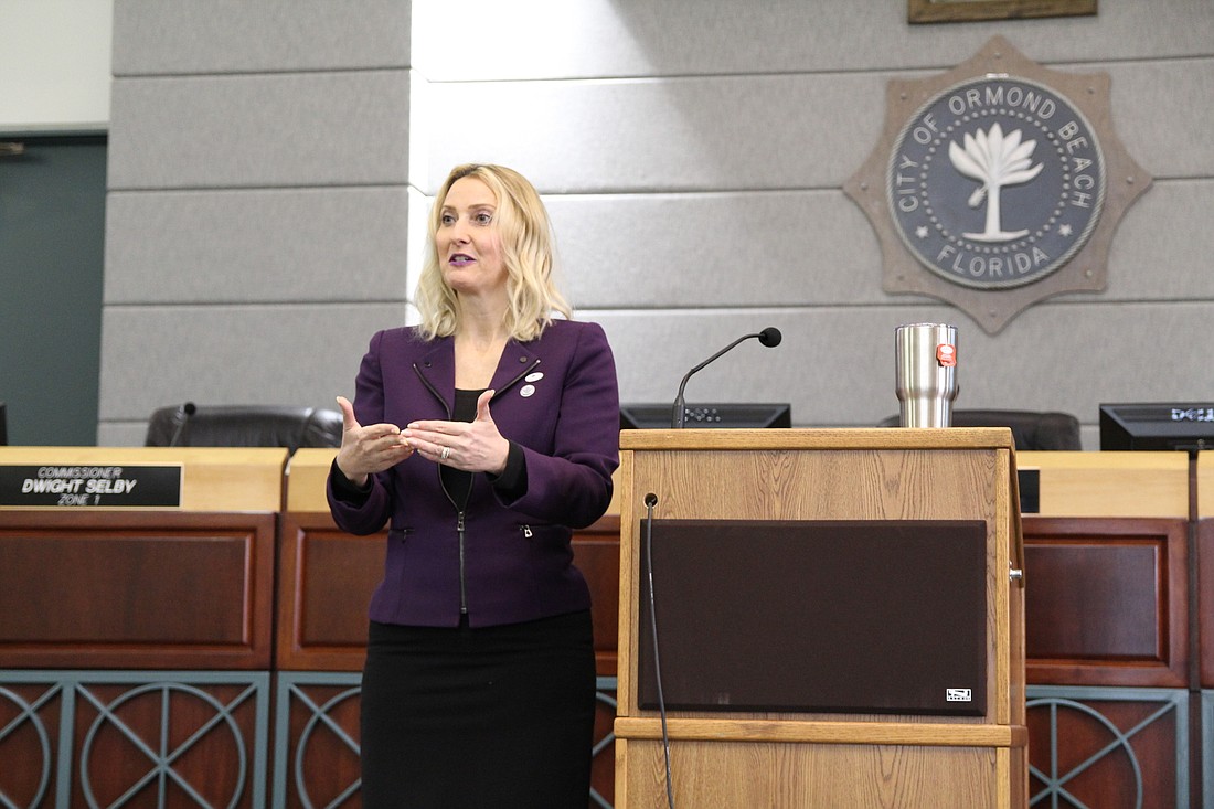 Heather Post speaks during her "Government 101" meeting at the Ormond Beach City Commission Chambers on Saturday, Feb. 17. Photo by Jarleene Almenas