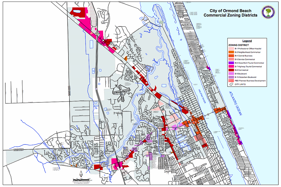 A map showing the city's zoning districts. Map courtesy of the city of Ormond Beach