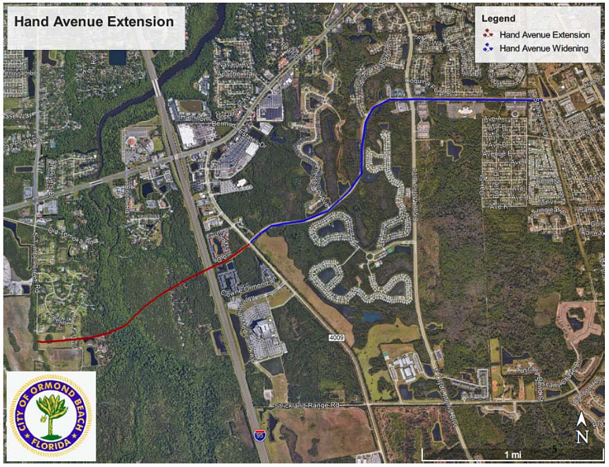 A map visualizing what the Hand Avenue extension project would look like. Courtesy of the city of Ormond Beach