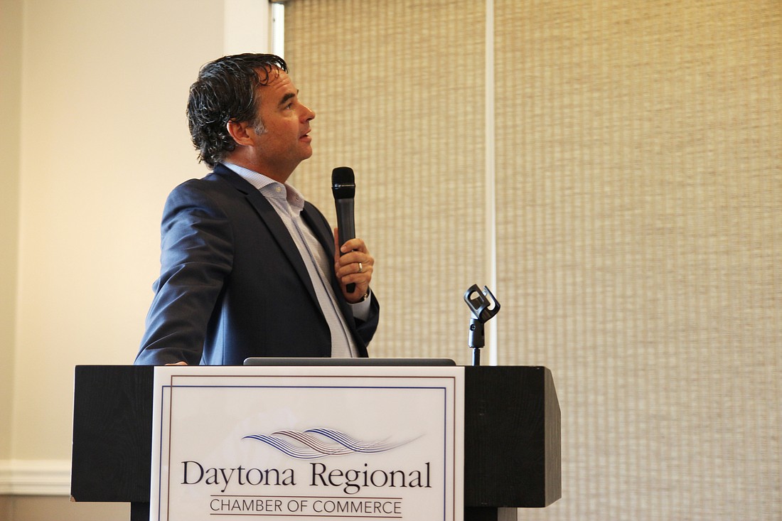 Past Beachside Redevelopment Committee member Frank Molnar outlines recommendations to improve the beachside at the Daytona Regional Chamber's Eggs and Issues program on July 12. Photo by Jarleene Almenas