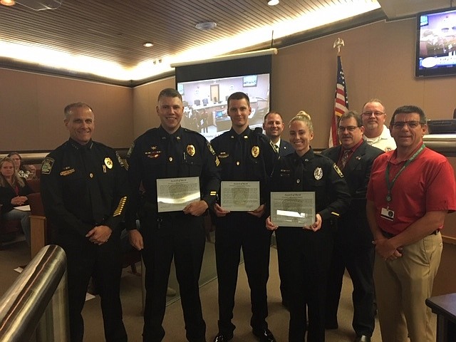 Port Orange Police Chief Thomas Grimaldi presented the Award of Merit to Sgt. Zachary Burd, Sgt. William  Harrison,  and Officer Kelie Higham. Photo courtesy of Christine Martindale